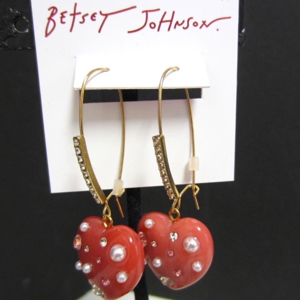 NWT Betsey Johnson Embellished Dark Pink Heart Earrings